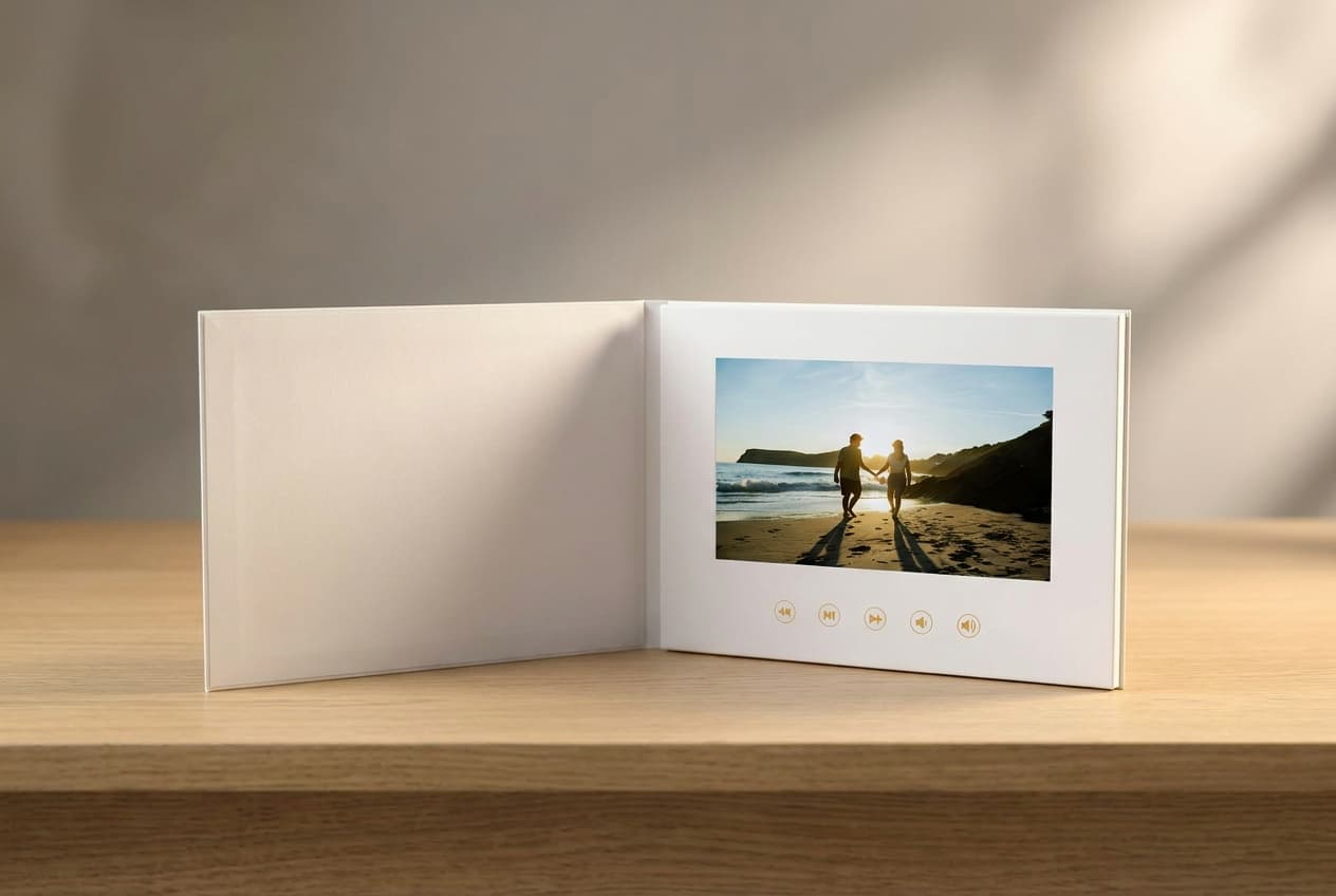 Videobook, ein Hardcover-Buch mit Bildschirm, auf dem ein Lied-Video läuft